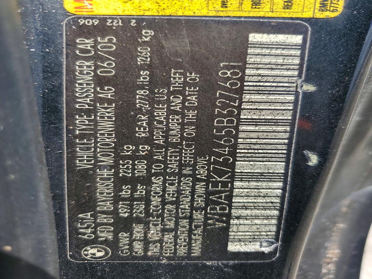 2005 BMW 6 series VIN WBAEK73465B327681 photo 12