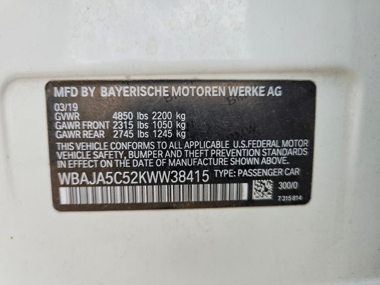 2019 BMW 5 series VIN WBAJA5C52KWW38415 photo 12