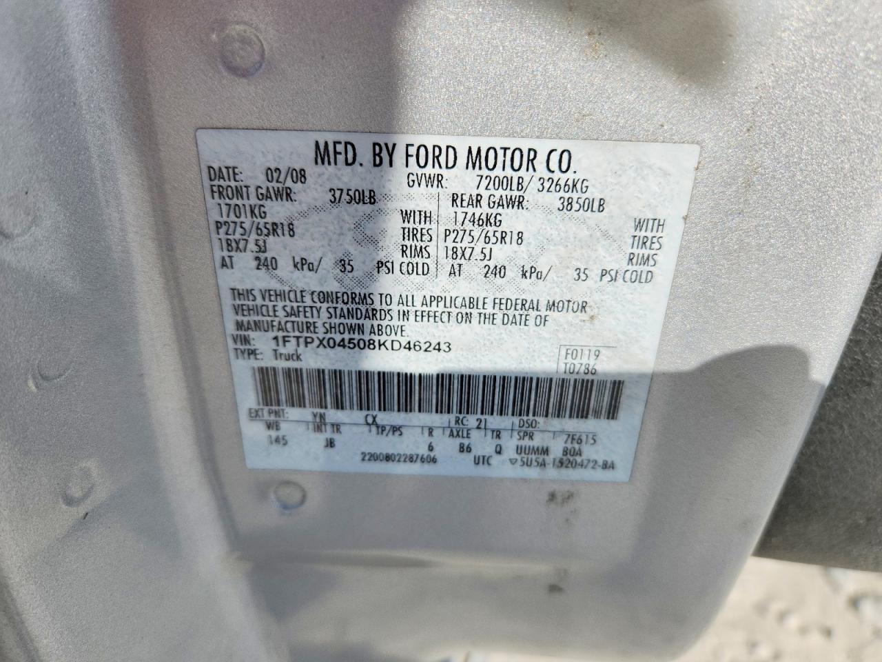 2008 Ford F150 VIN 1FTPX04508KD46243 photo 12