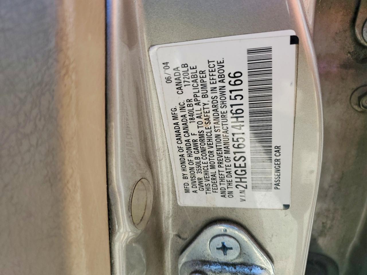 2004 Honda Civic VIN 2HGES16514H615166 photo 12
