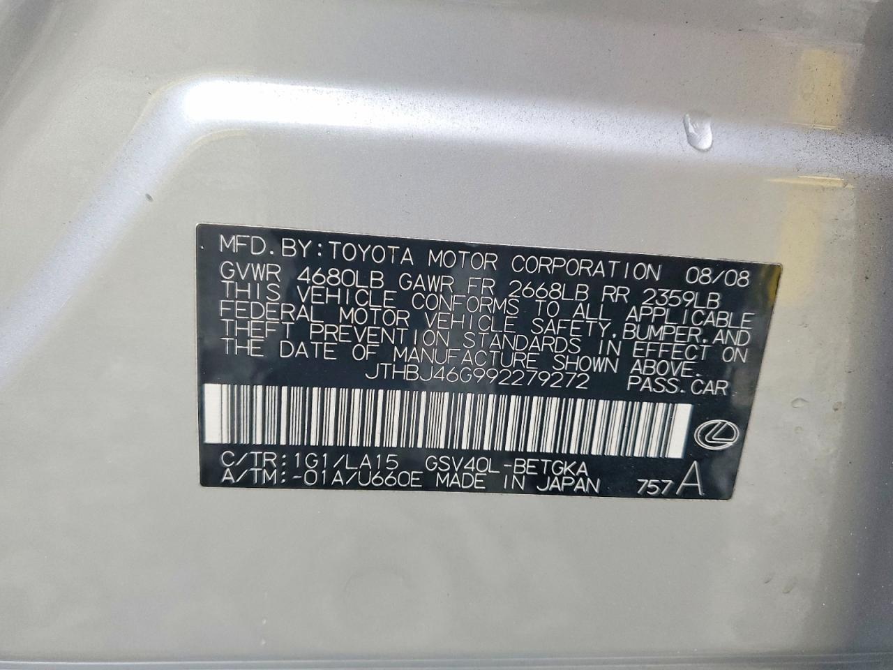 2009 Lexus ES350 VIN JTHBJ46G992279272 photo 12