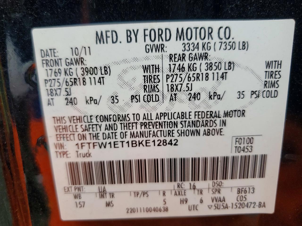 2011 Ford F150 VIN 1FTFW1ET1BKE12842 photo 12