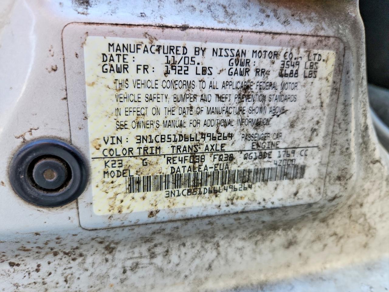 2006 Nissan Sentra VIN 3N1CB51D66L496264 photo 12