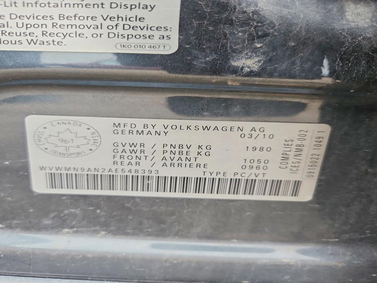2010 Volkswagen Cc VIN WVWMN9AN2AE548393 photo 12