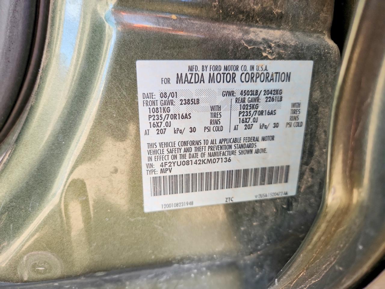 2002 MAZDA Tribute VIN 4F2YU08142KM07136 photo 12