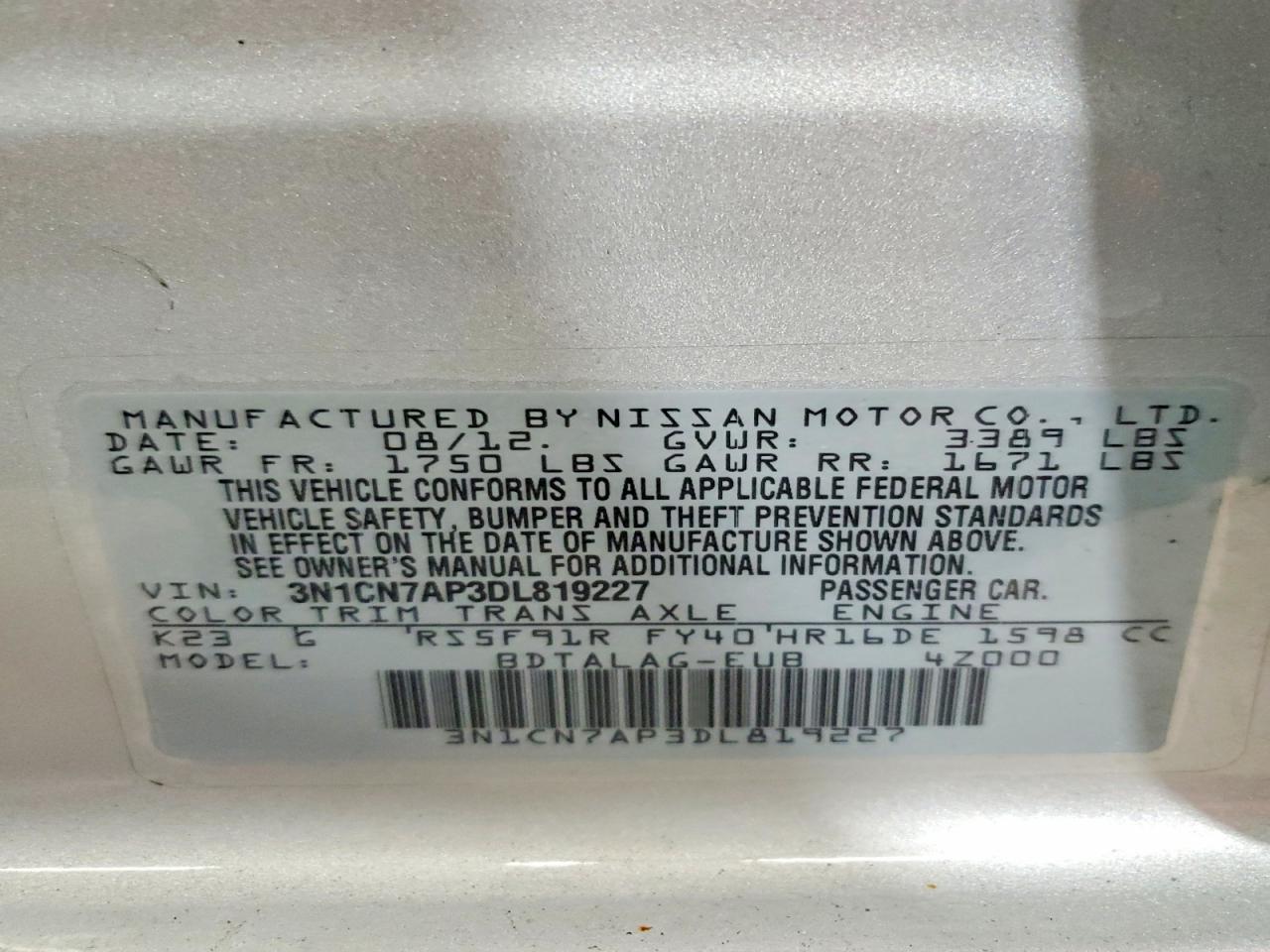 2013 Nissan Versa VIN 3N1CN7AP3DL819227 photo 12