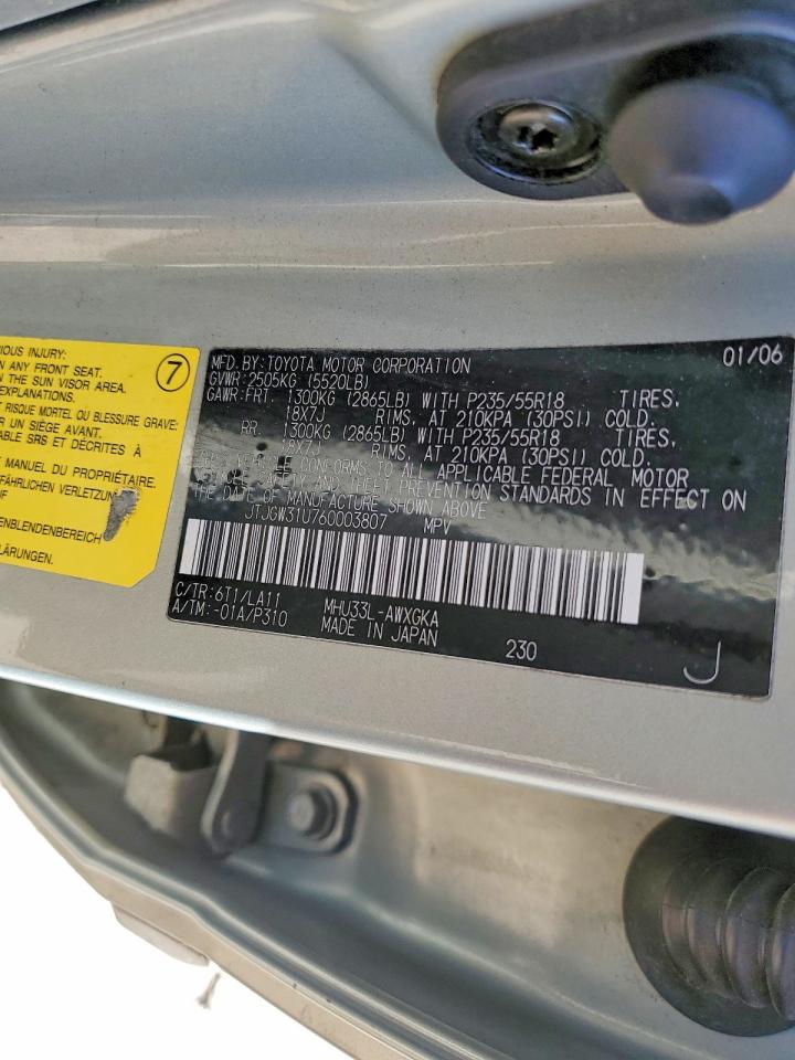 2006 Lexus Rx350 VIN JTJGW31U760003807 photo 12