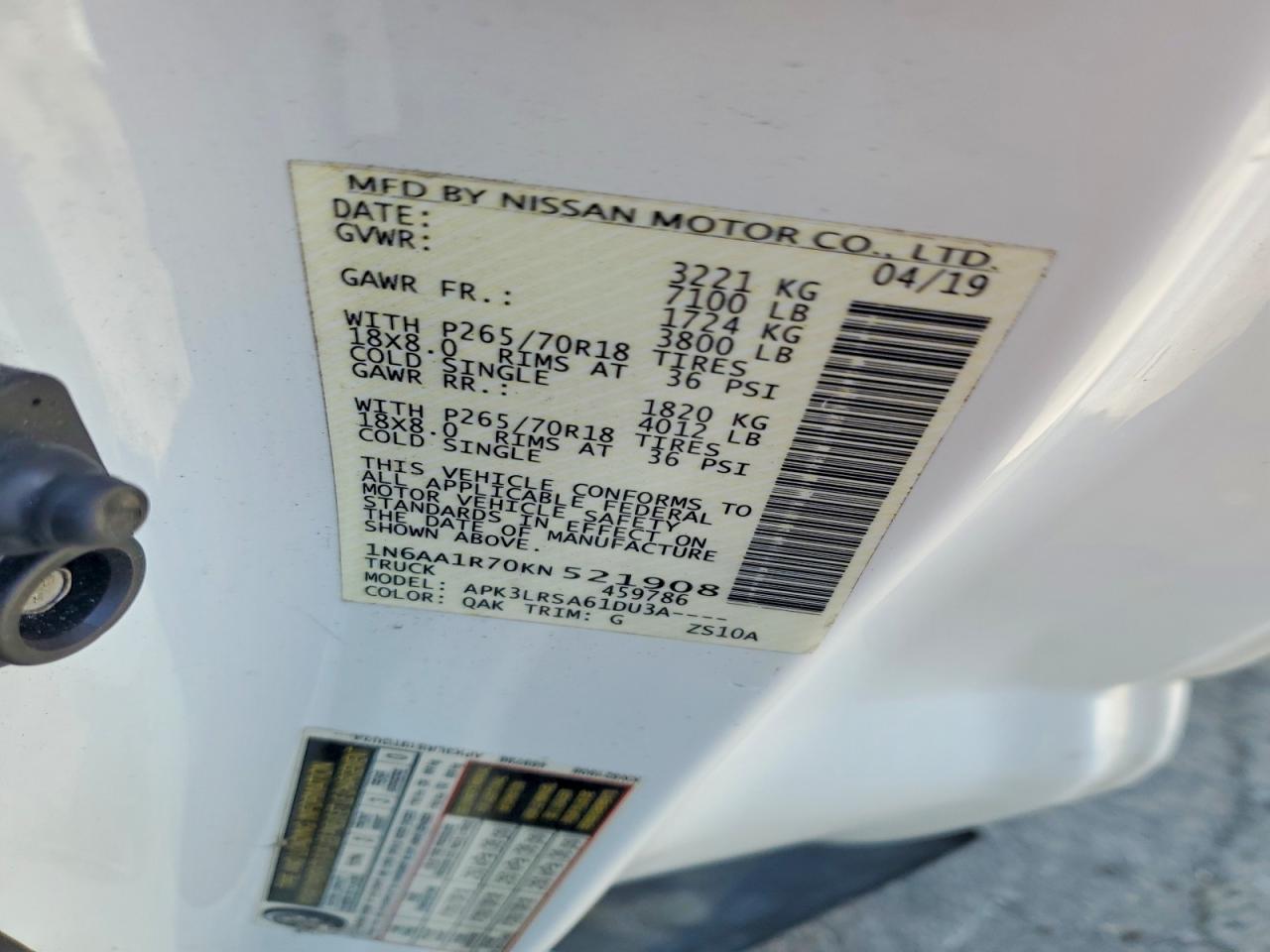 2019 Nissan TITAN VIN 1N6AA1R70KN521908 photo 12