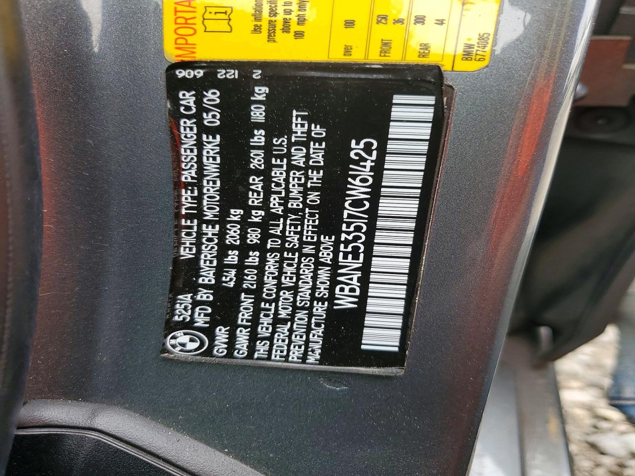 2007 BMW 5 series VIN WBANE53517CW61425 photo 12