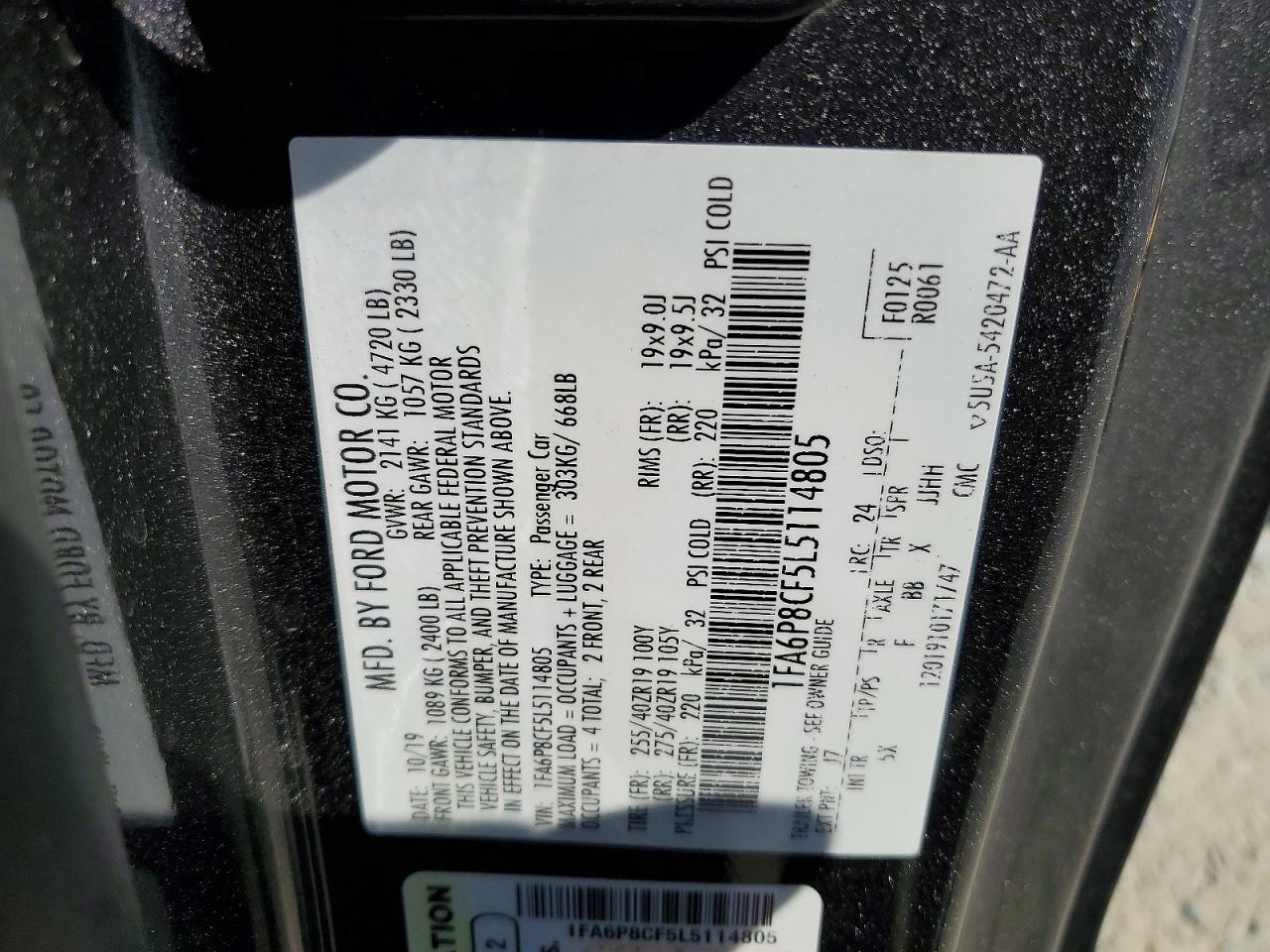 2020 Ford Mustang VIN 1FA6P8CF5L5114805 photo 12