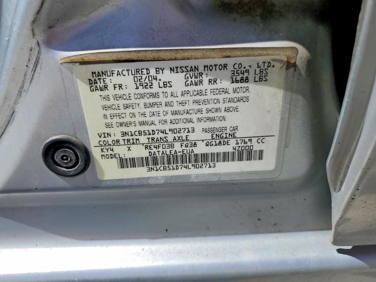 2004 Nissan Sentra VIN 3N1CB51D74L902713 photo 12