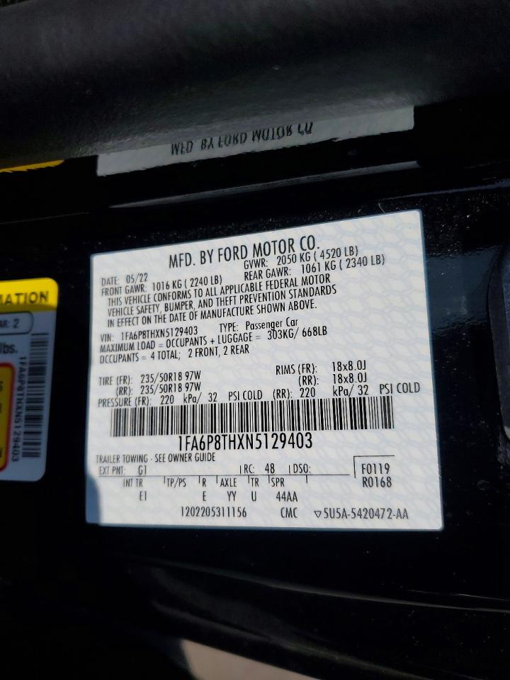 2022 Ford Mustang VIN 1FA6P8THXN5129403 photo 12