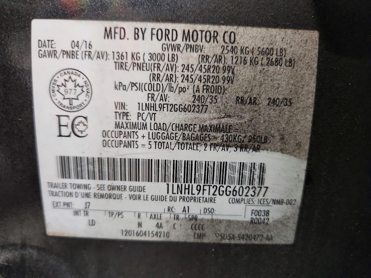 2016 Lincoln Mks VIN 1LNHL9FT2GG602377 photo 12