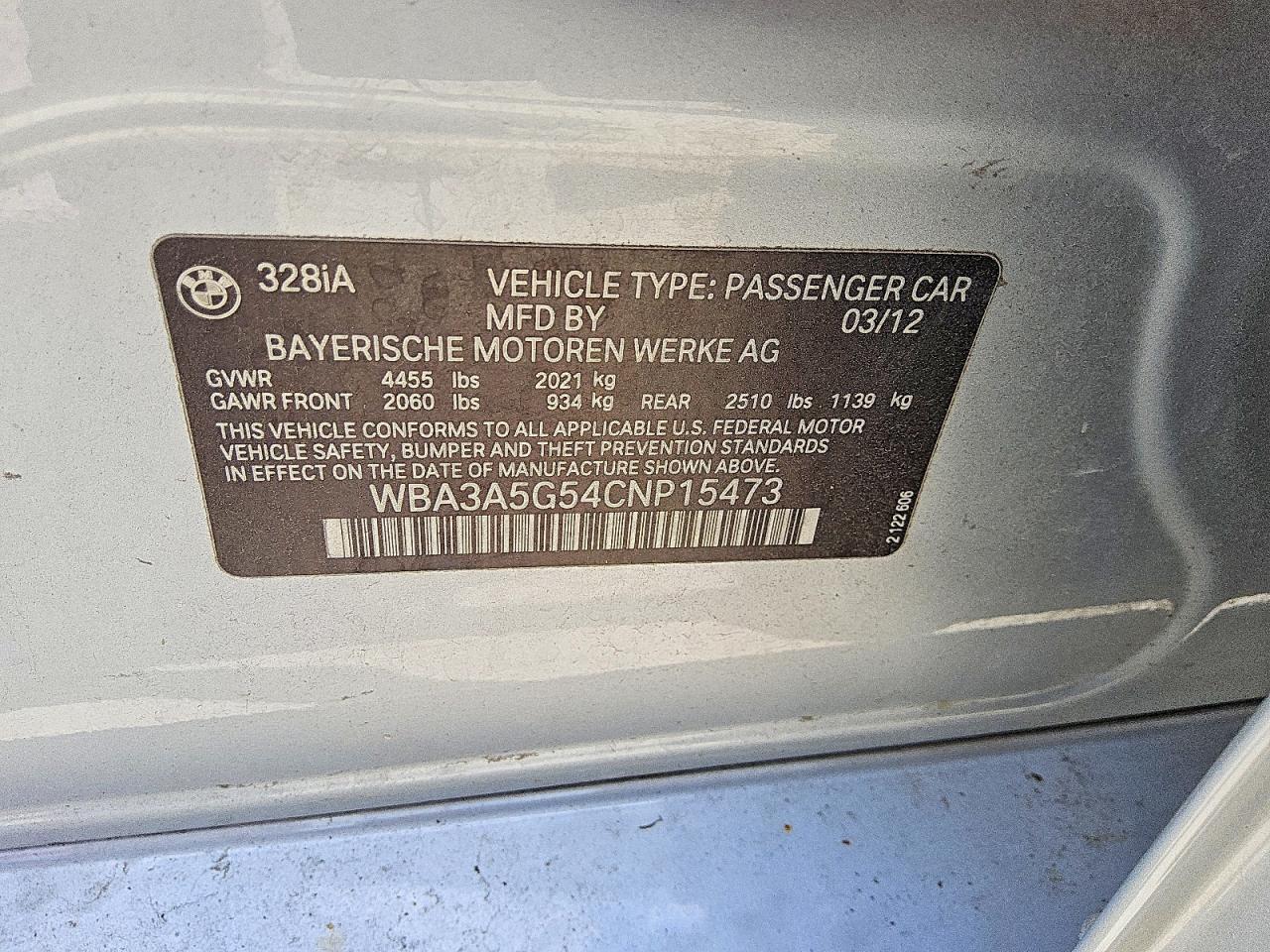 2012 BMW 3 series VIN WBA3A5G54CNP15473 photo 12