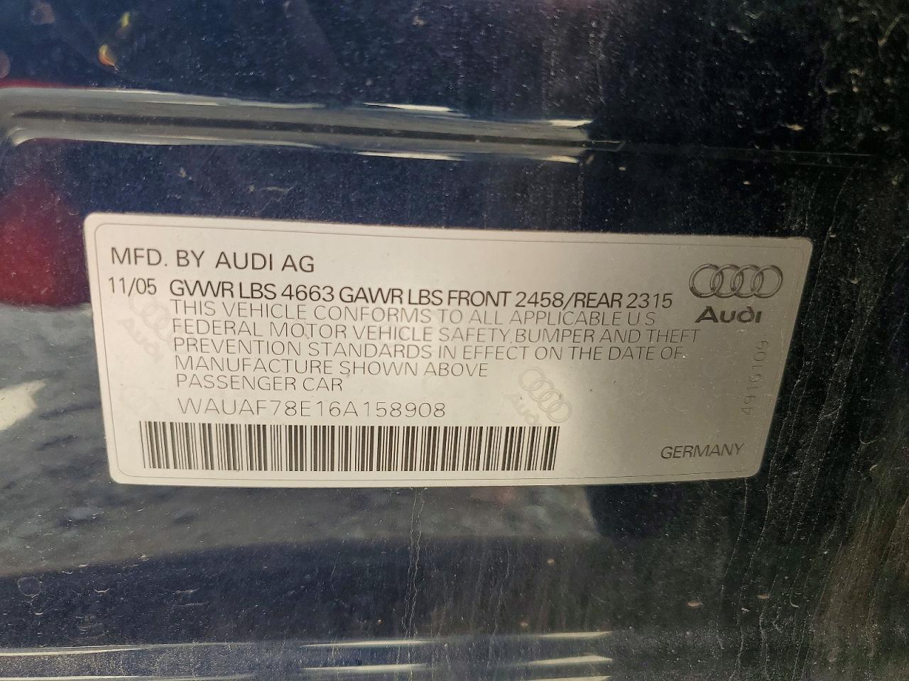 2006 Audi A4 VIN WAUAF78E16A158908 photo 12