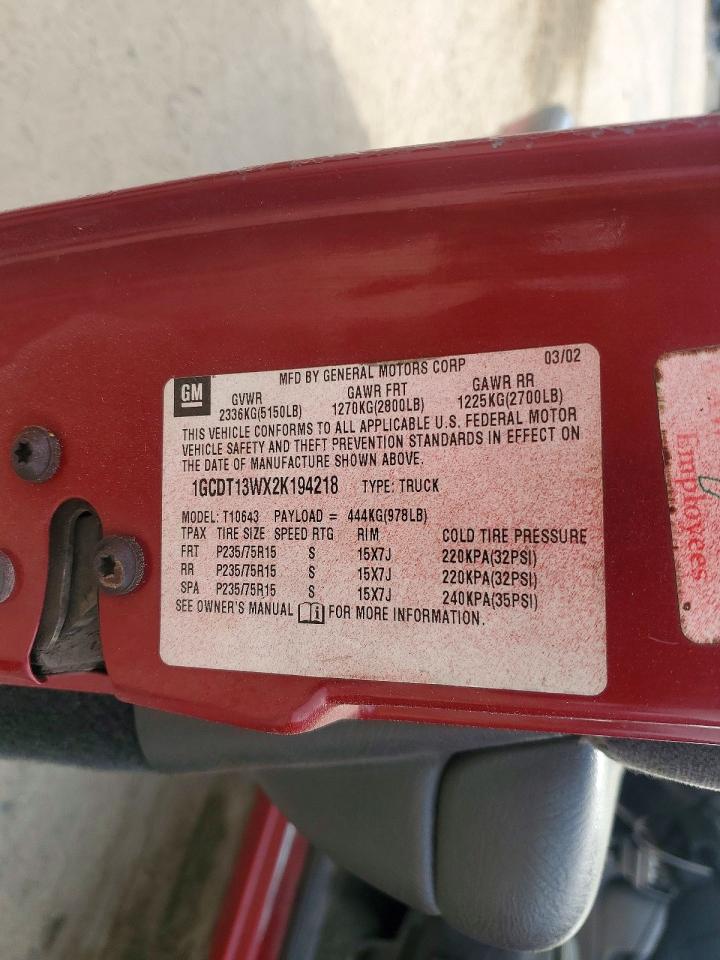 2002 CHEV S10 VIN 1GCDT13WX2K194218 photo 12