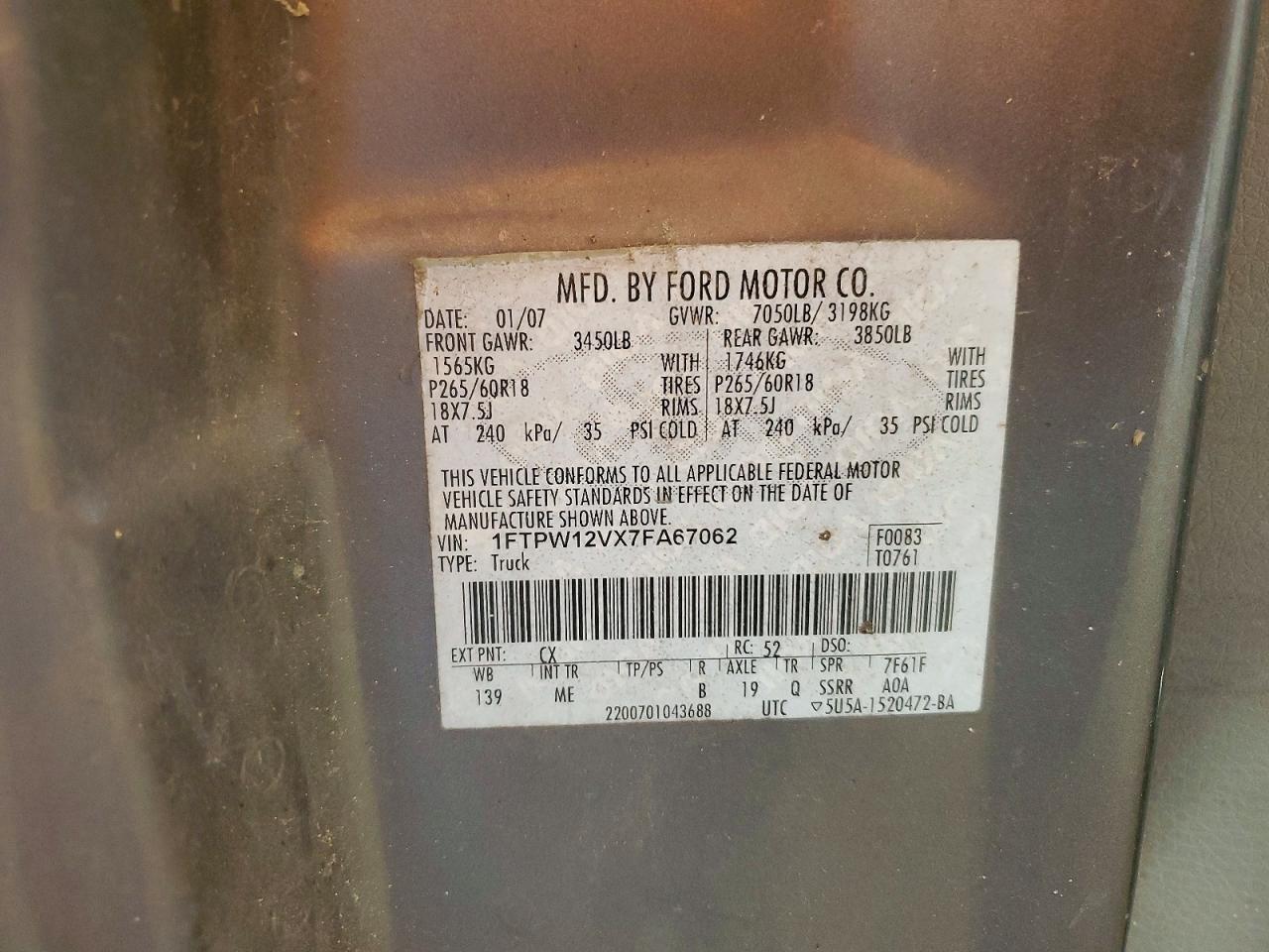 2007 Ford F150 VIN 1FTPW12VX7FA67062 photo 12