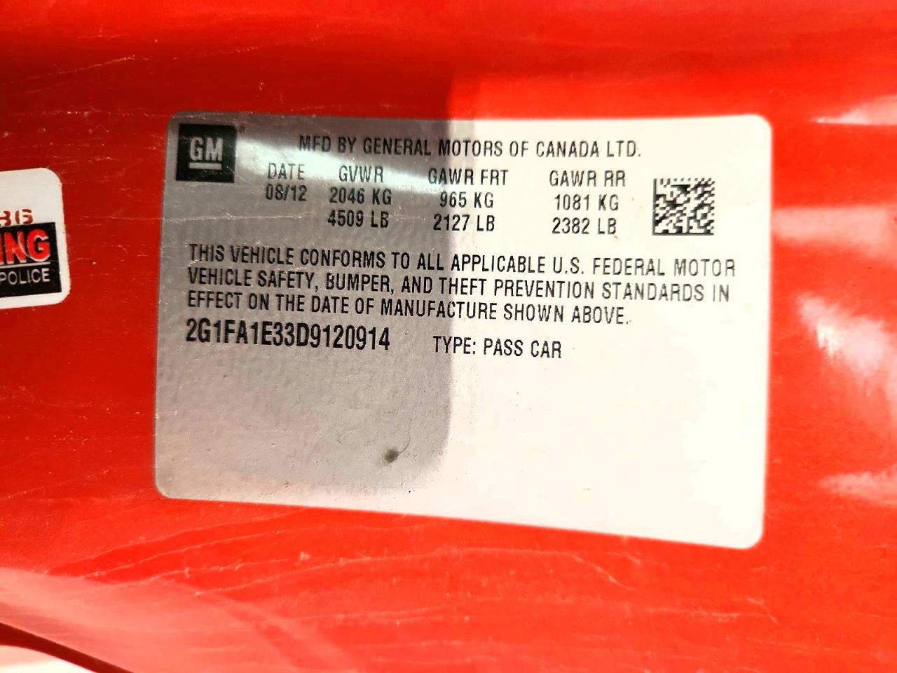 2013 Chev Camaro VIN 2G1FA1E33D9120914 photo 12