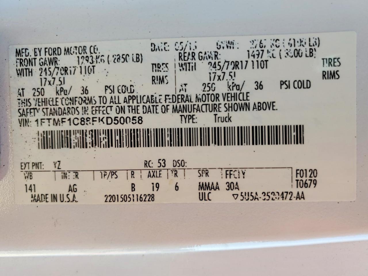 2015 Ford F150 VIN 1FTMF1C88FKD50058 photo 12
