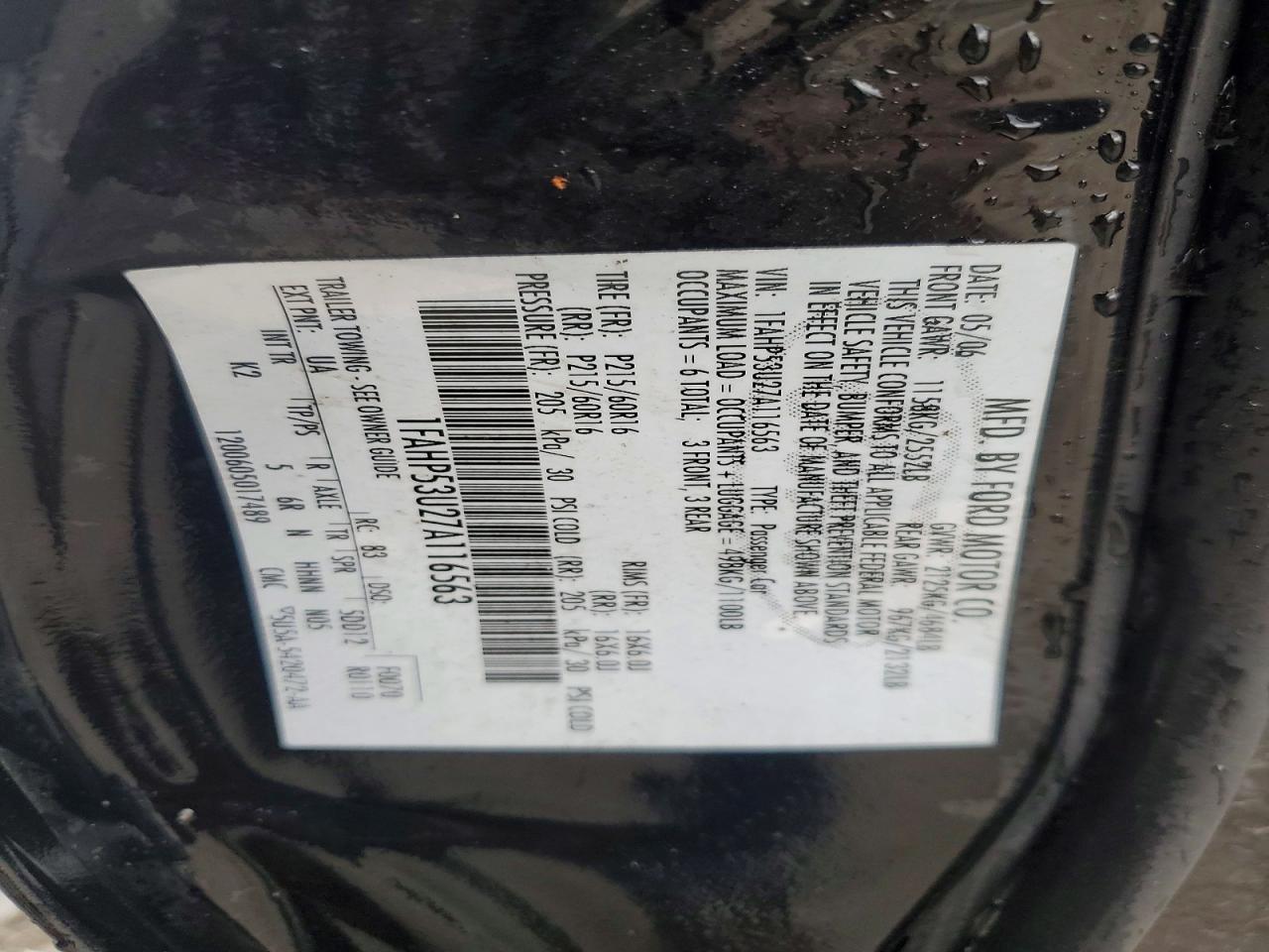 2007 Ford Taurus VIN 1FAHP53U27A116563 photo 12