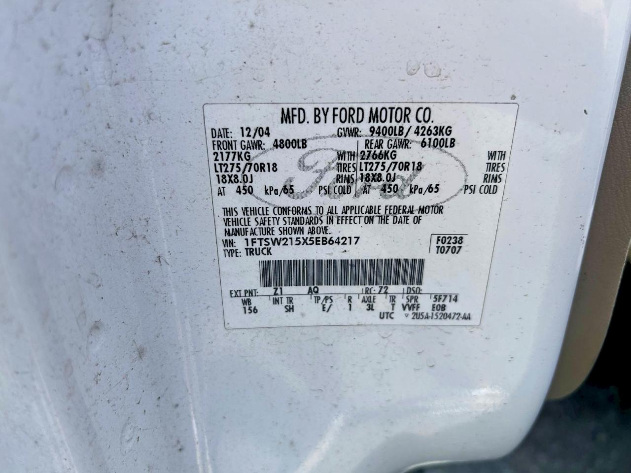 2005 FORD F250 VIN 1FTSW215X5EB64217 photo 10