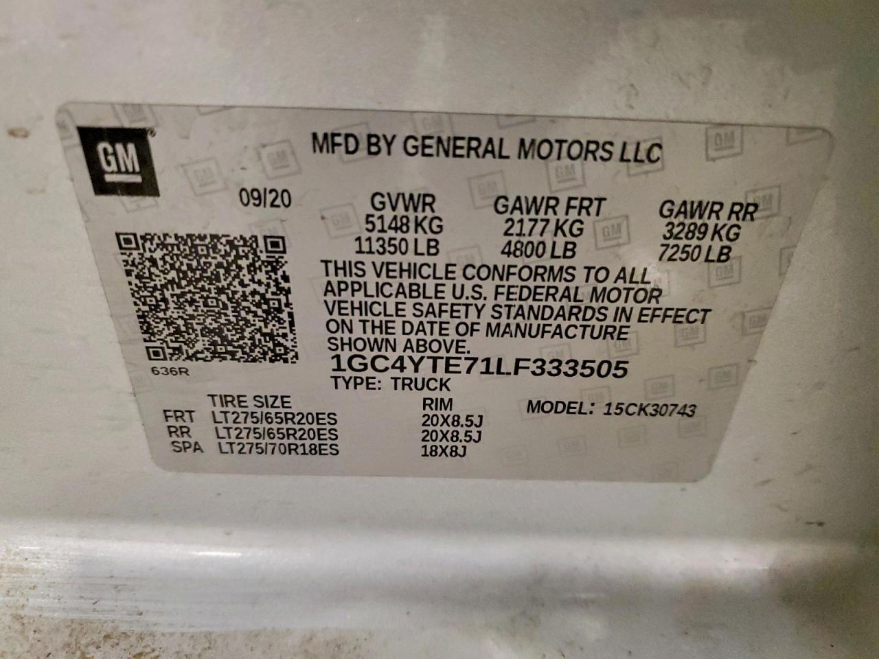 2020 Chev All models VIN 1GC4YTE71LF333505 photo 12