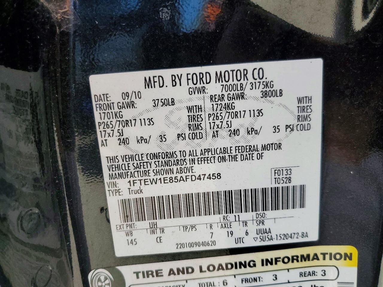 2010 Ford F150 VIN 1FTEW1E85AFD47458 photo 12