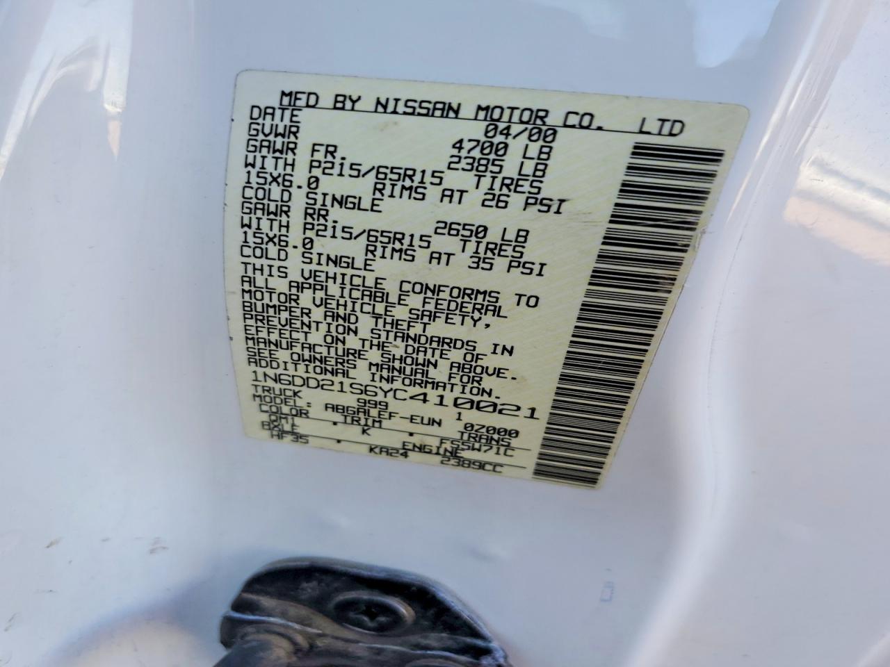 2000 Nissan Frontier VIN 1N6DD21S6YC410021 photo 12