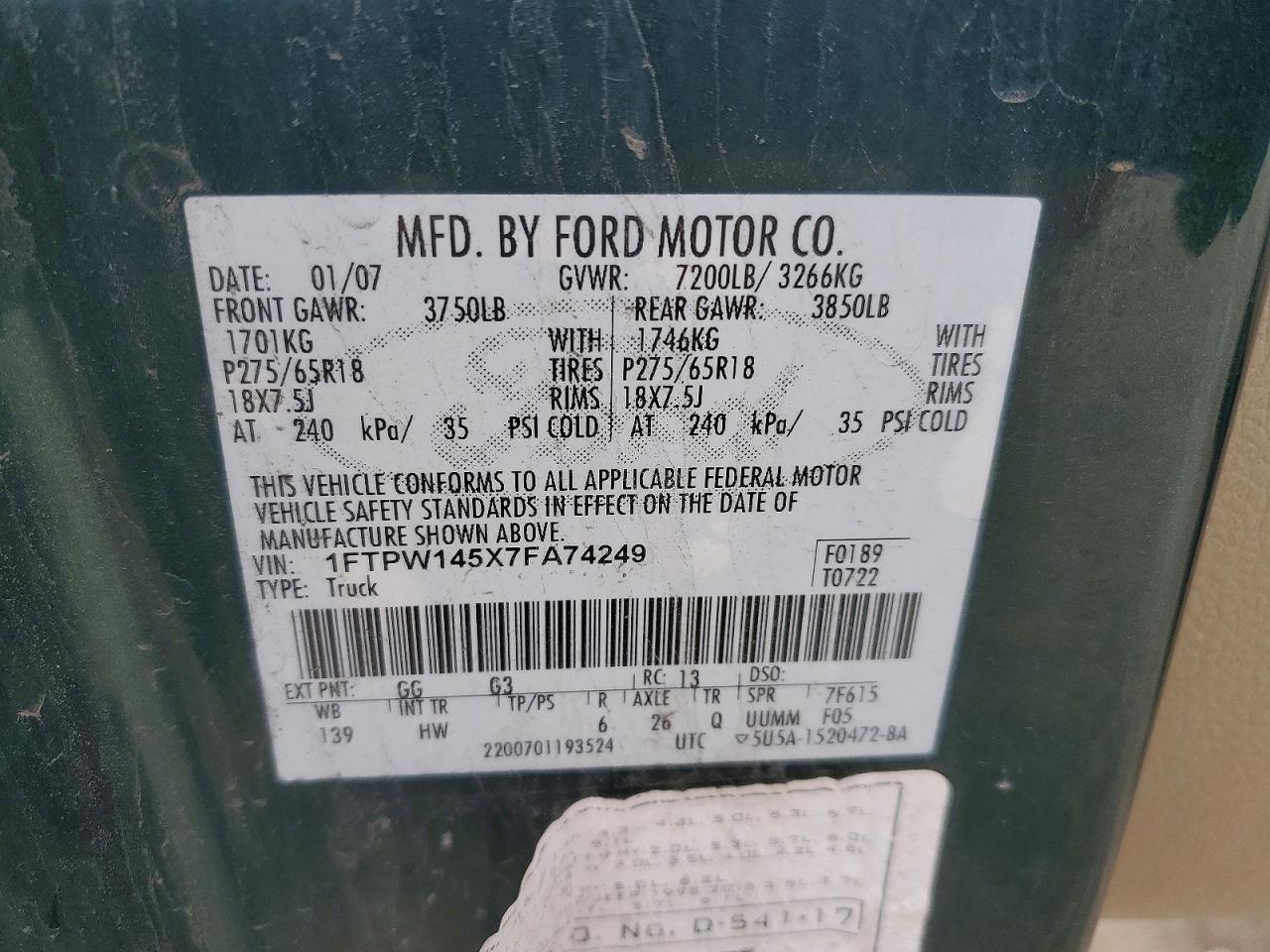 2007 Ford F150 VIN 1FTPW145X7FA74249 photo 12