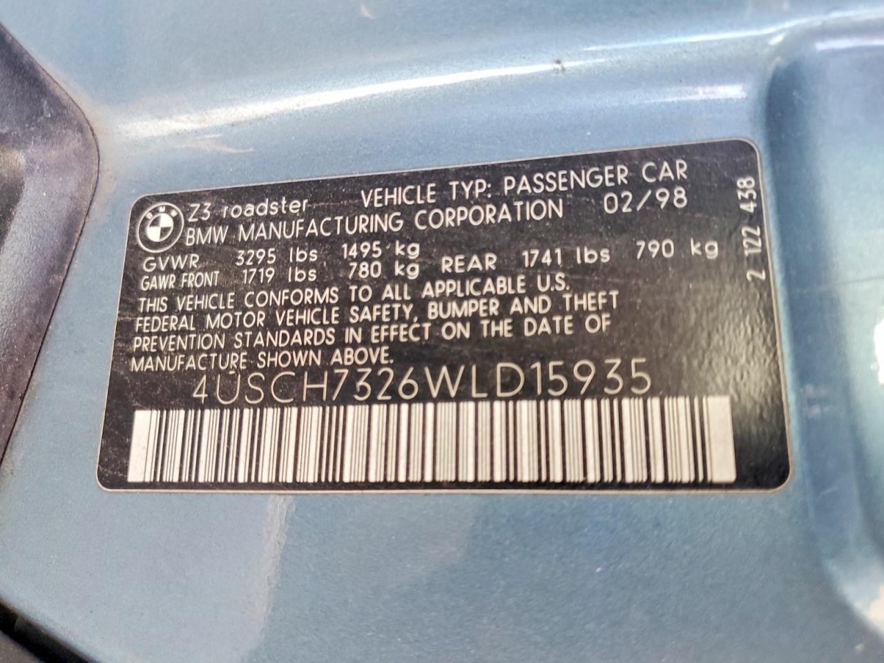 1998 BMW Z3 VIN 4USCH7326WLD15935 photo 12