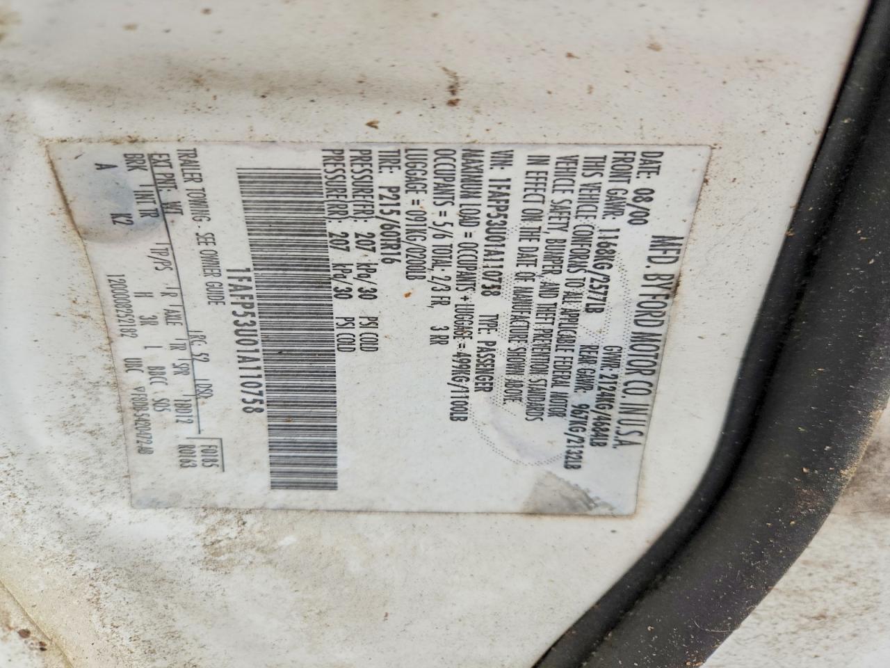 2001 Ford Taurus VIN 1FAFP53U01A110758 photo 12