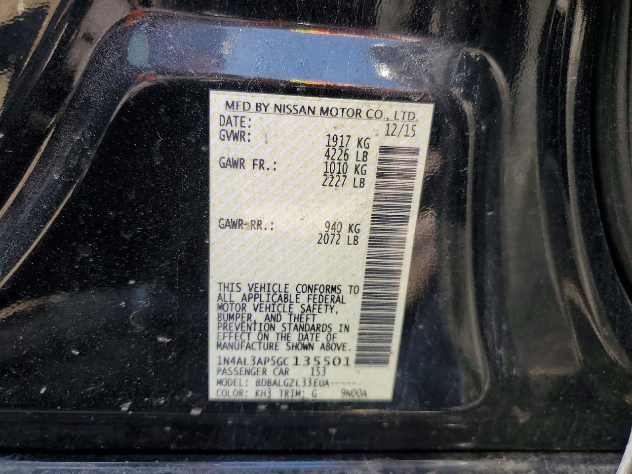 2016 NISS Altima VIN 1N4AL3AP5GC135501 photo 12