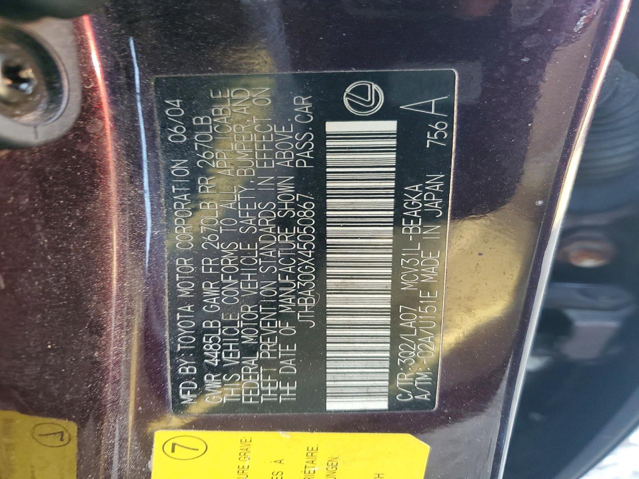2004 Lexus Es330 VIN JTHBA30GX45050867 photo 12