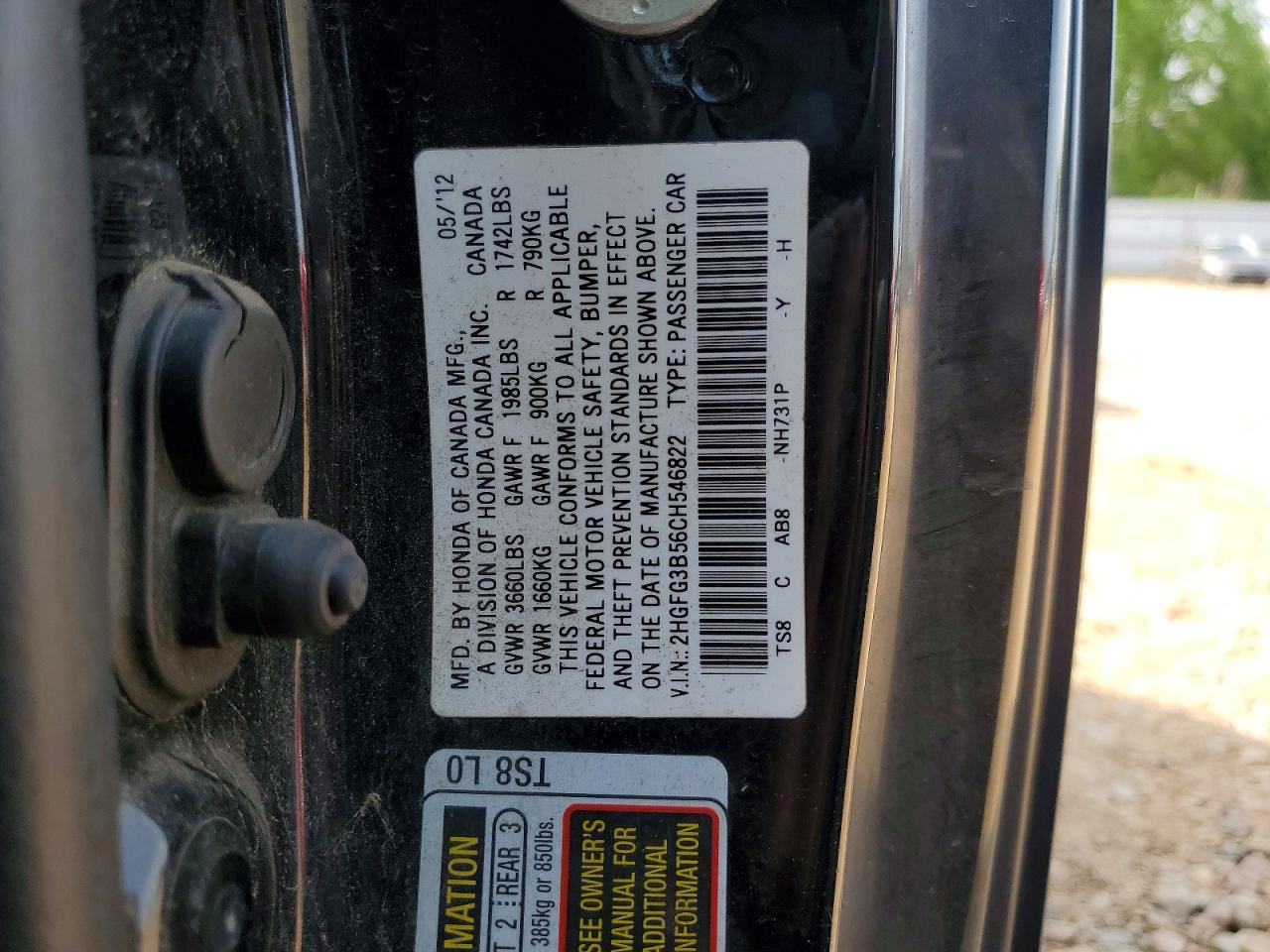 2012 Honda Civic VIN 2HGFG3B56CH546822 photo 12
