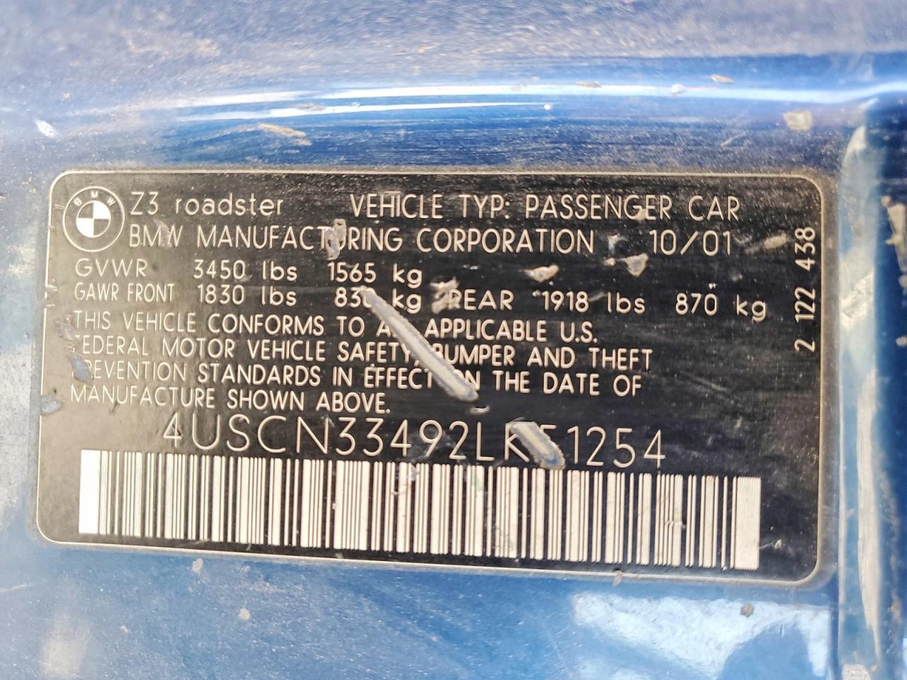 2002 BMW Z3 VIN 4USCN33492LK51254 photo 12