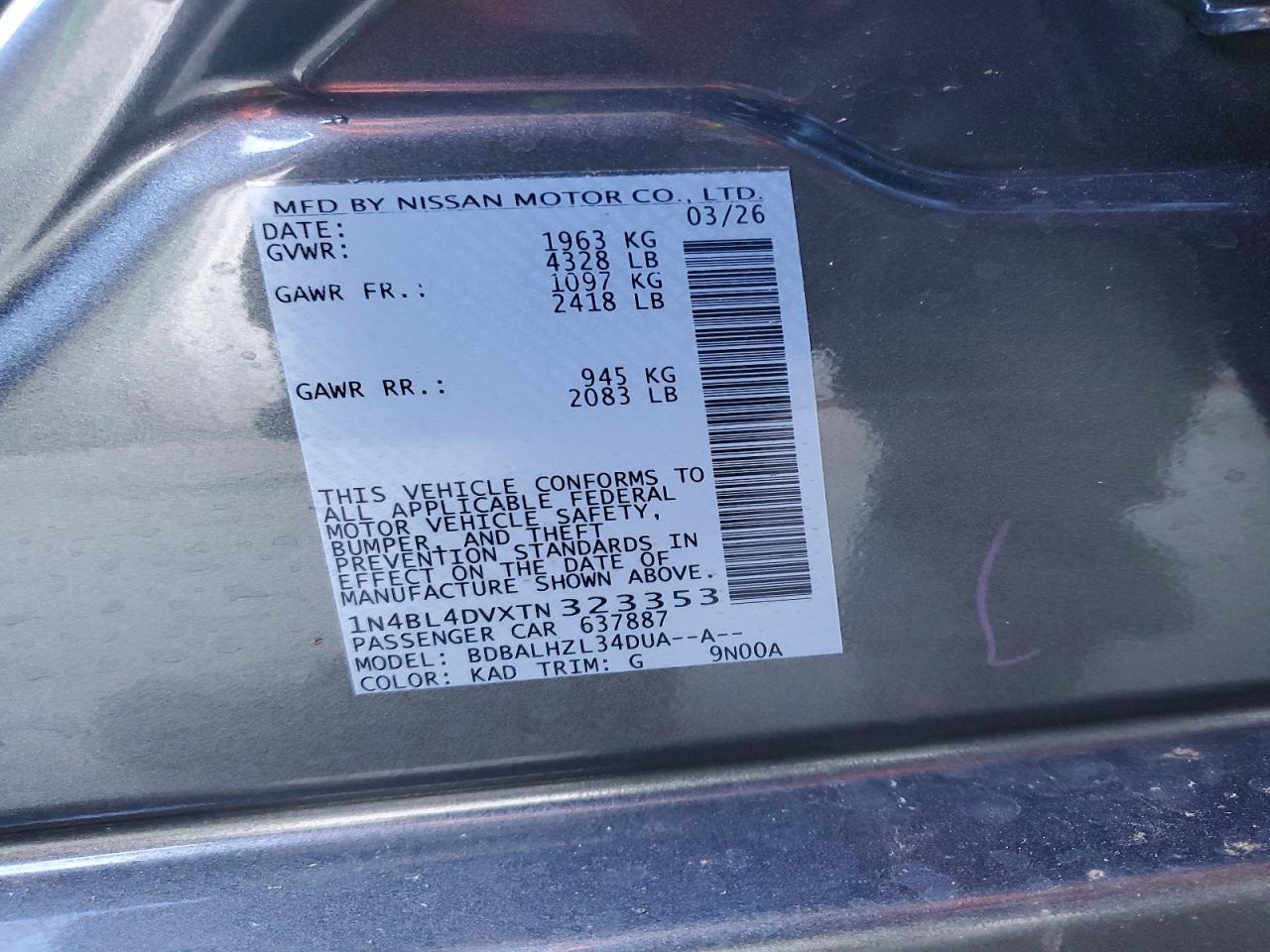 2026 Nissan Altima VIN 1N4BL4DVXTN323353 photo 12