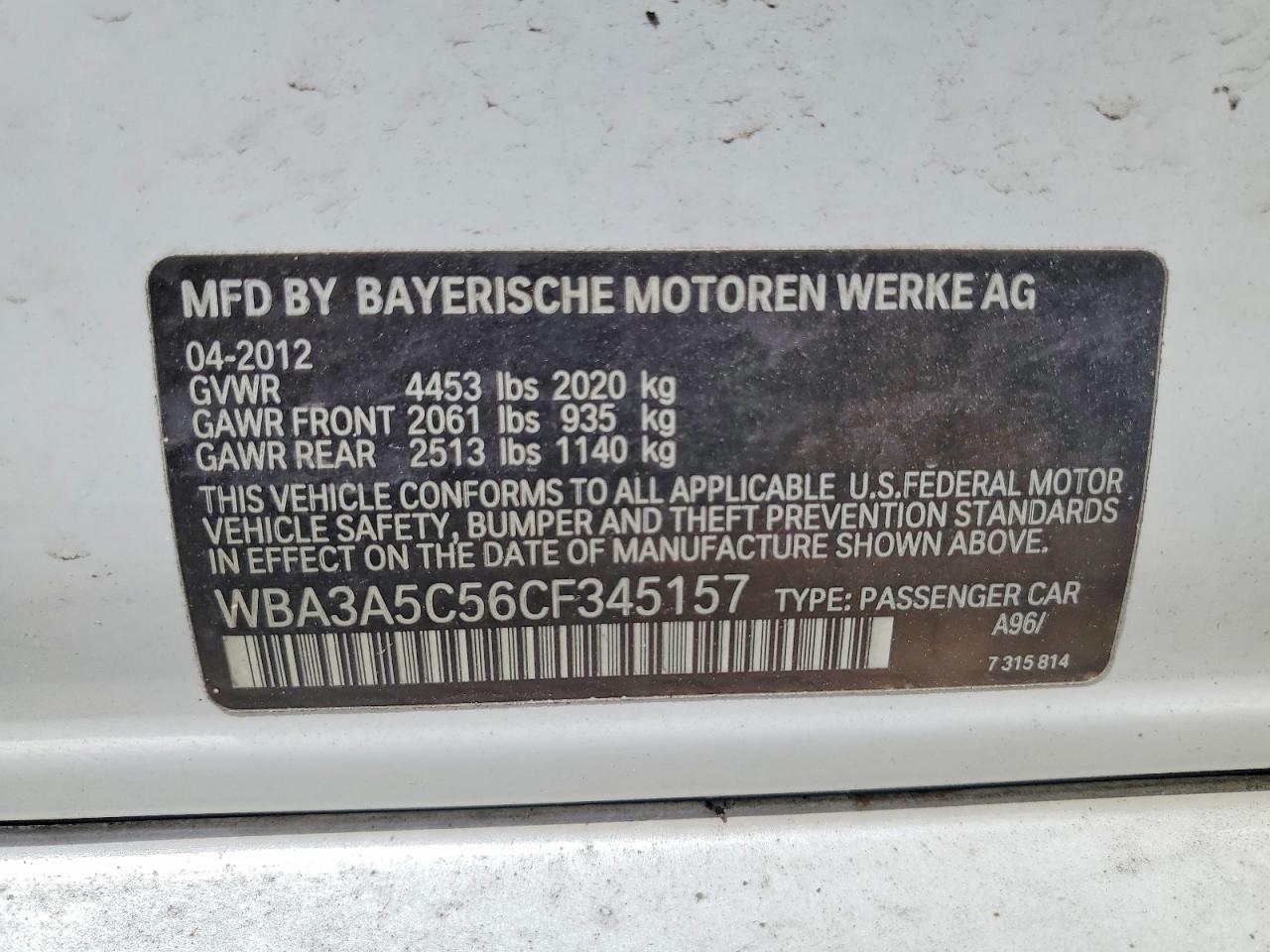 2012 BMW 3 series VIN WBA3A5C56CF345157 photo 12