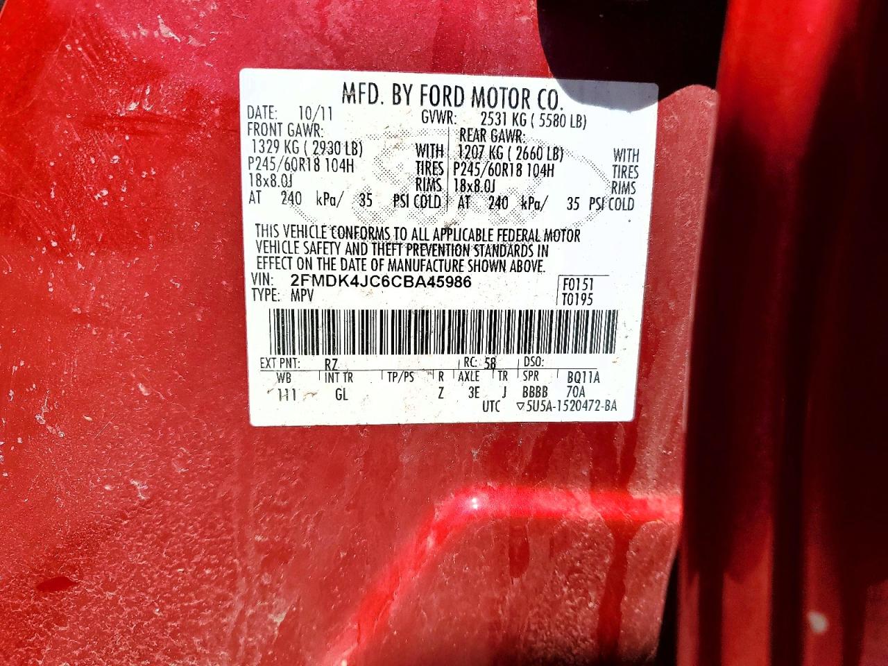 2012 Ford Edge VIN 2FMDK4JC6CBA45986 photo 12