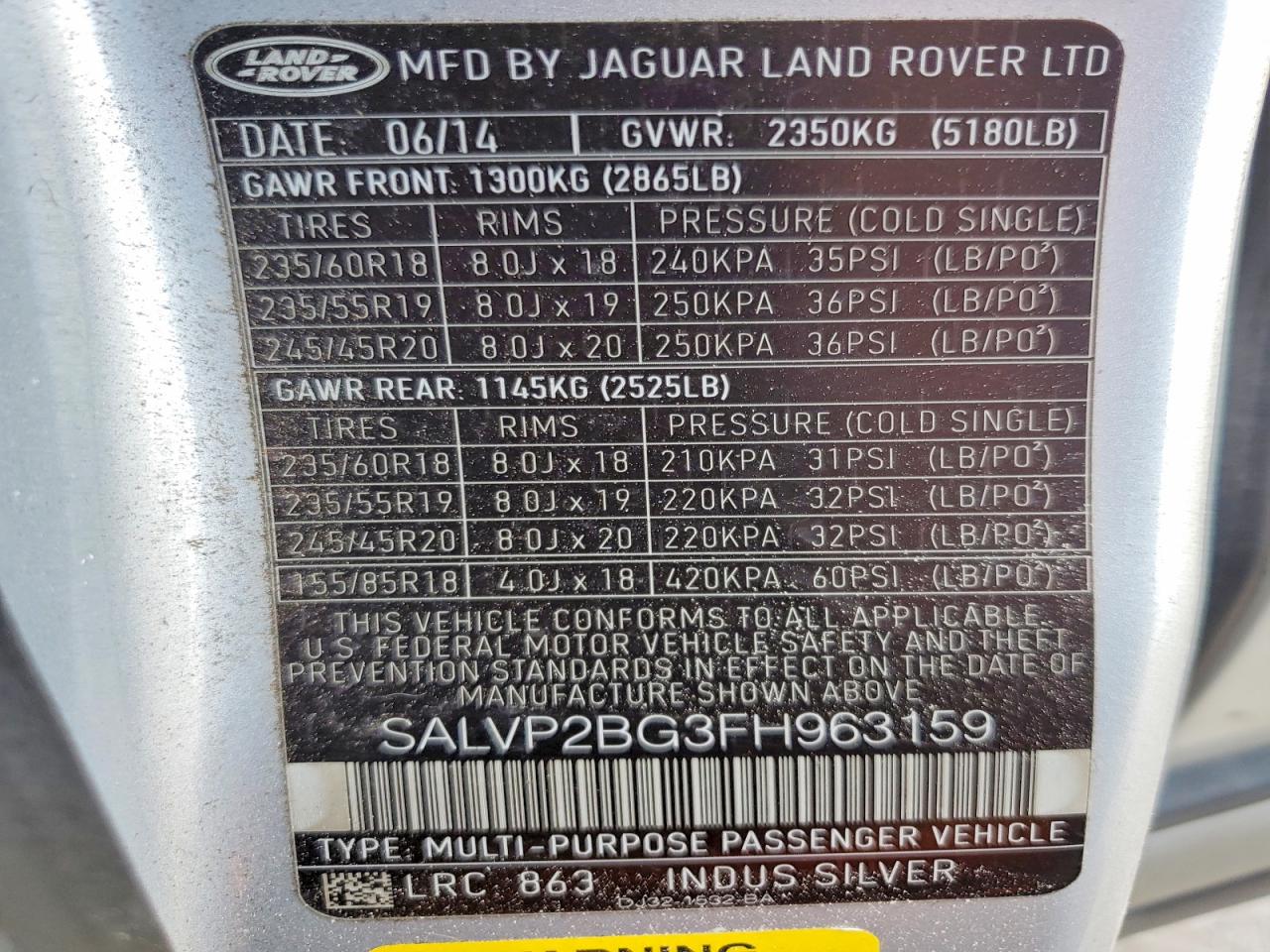 2015 Land Rangerover VIN SALVP2BG3FH963159 photo 12