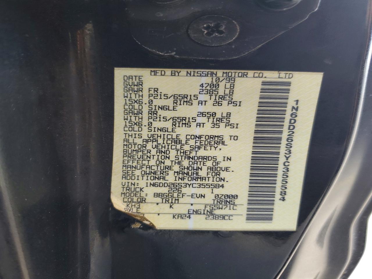 2000 Nissan Frontier VIN 1N6DD26S3YC355584 photo 12