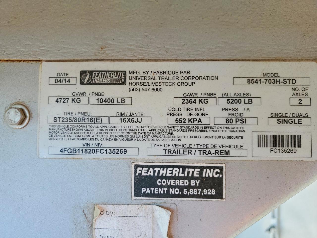 2015 FEATHERLITE Utility VIN 4FGB11820FC135269 photo 10