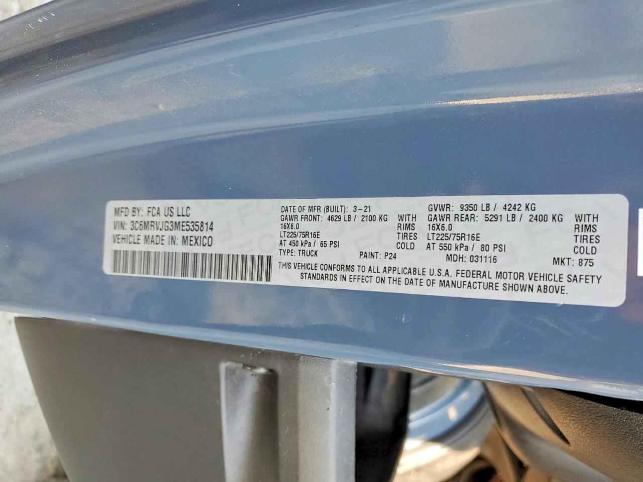 2021 RAM Promaster VIN 3C6MRVJG3ME535814 photo 12