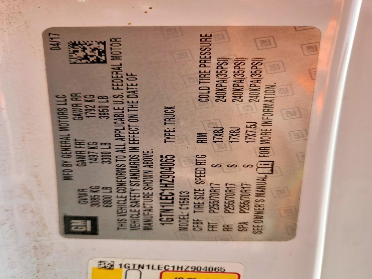 2017 GMC SIERRA VIN 1GTN1LEC1HZ904065 photo 12