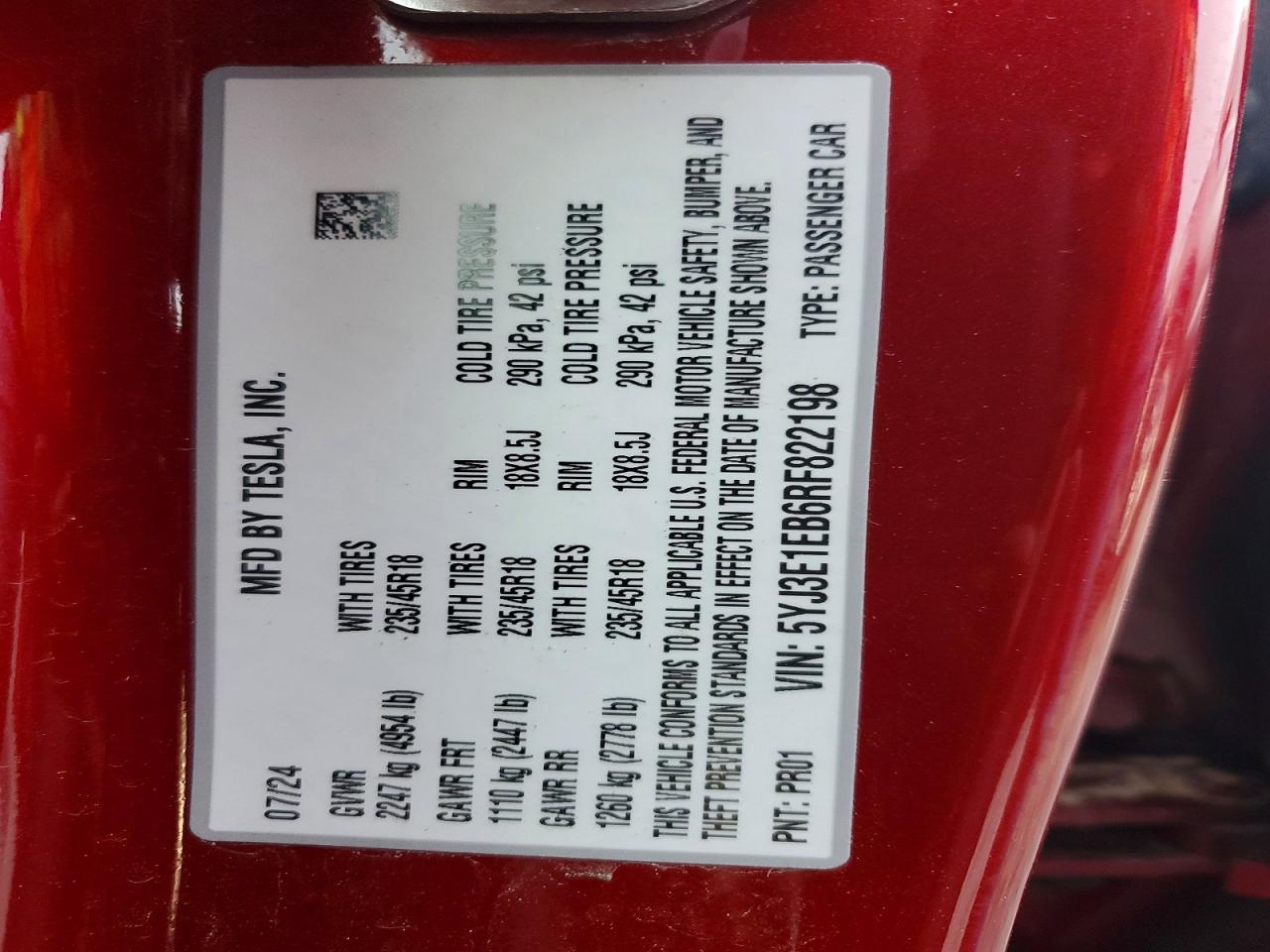 2024 Tesla Model 3 VIN 5YJ3E1EB6RF822198 photo 12
