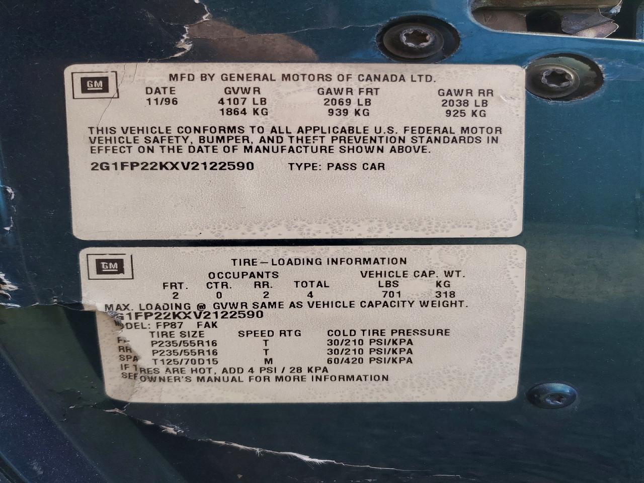 1997 Chevrolet Camaro bas VIN 2G1FP22KXV2122590 photo 12