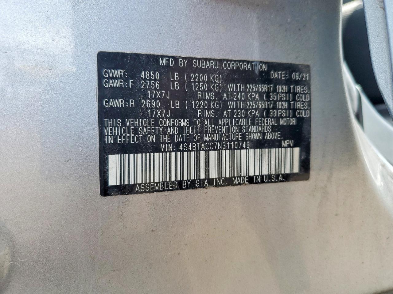 2022 Subaru Outback VIN 4S4BTACC7N3110749 photo 12