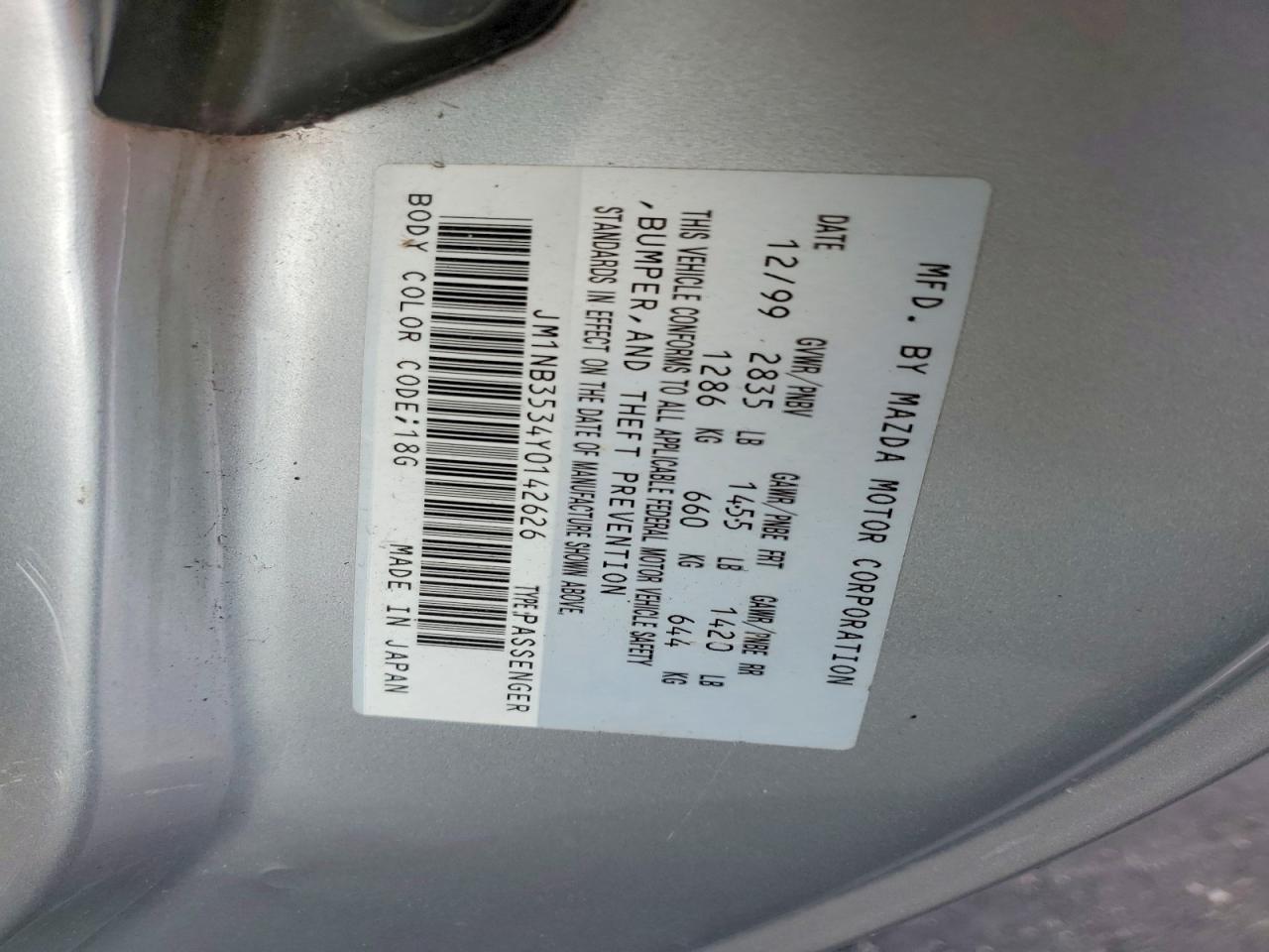 2000 MAZDA Mx5 VIN JM1NB3534Y0142626 photo 12