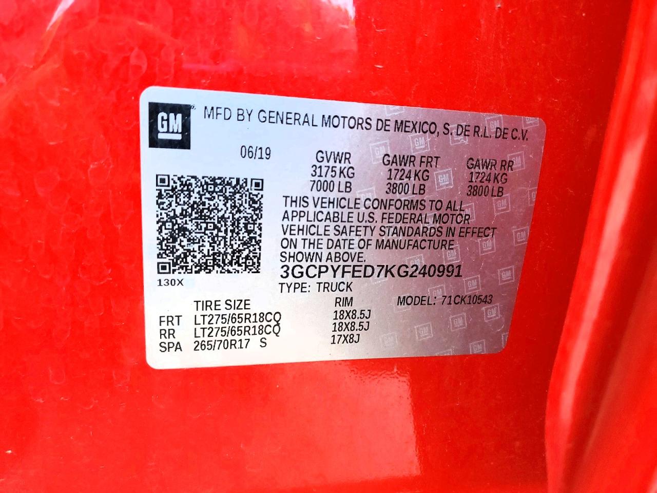 2019 Chev Silverado VIN 3GCPYFED7KG240991 photo 12