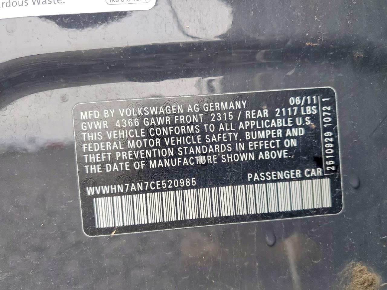 2012 Volkswagen Cc VIN WVWHN7AN7CE520985 photo 12
