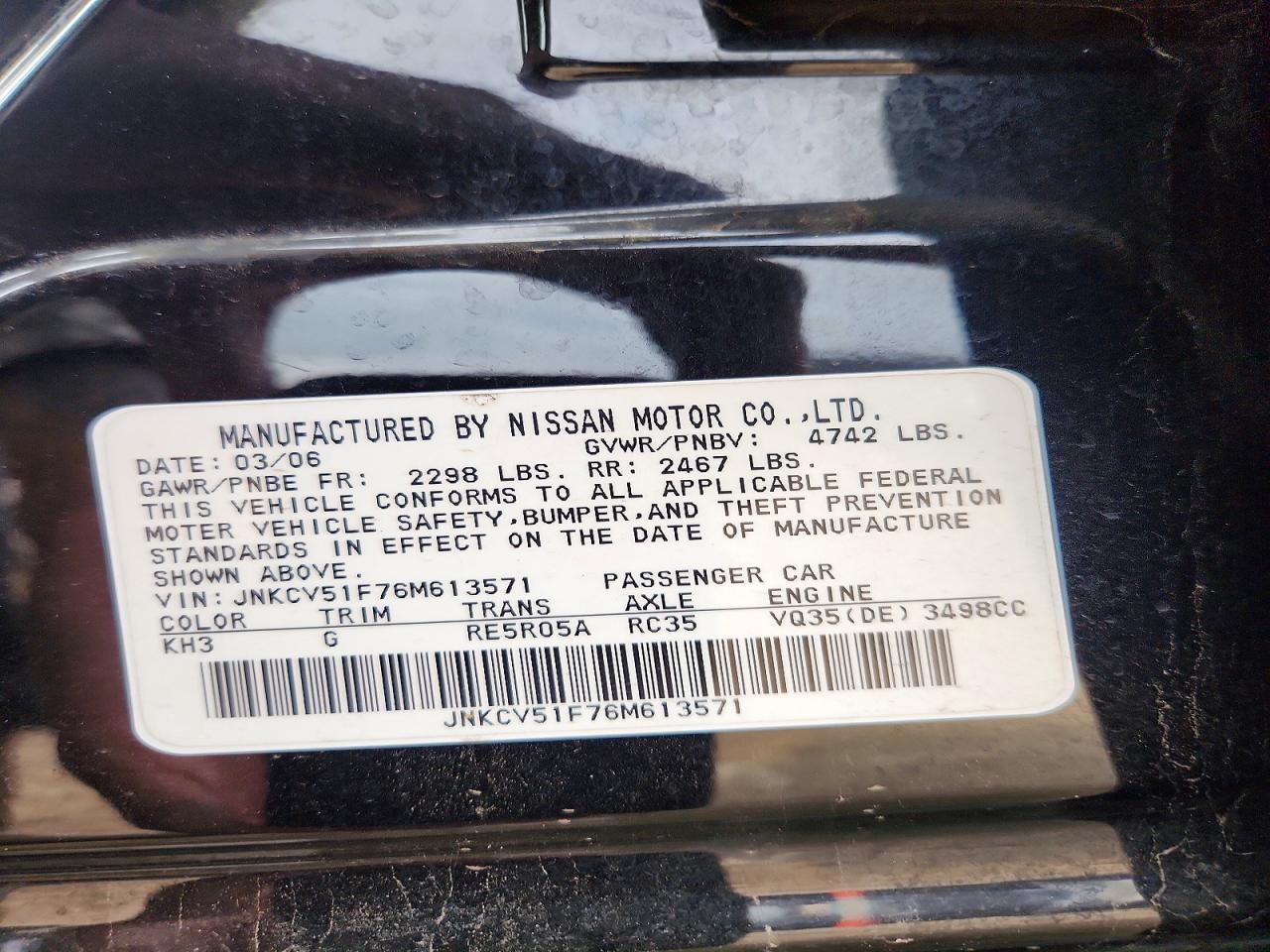 2006 Infiniti G35 VIN JNKCV51F76M613571 photo 12